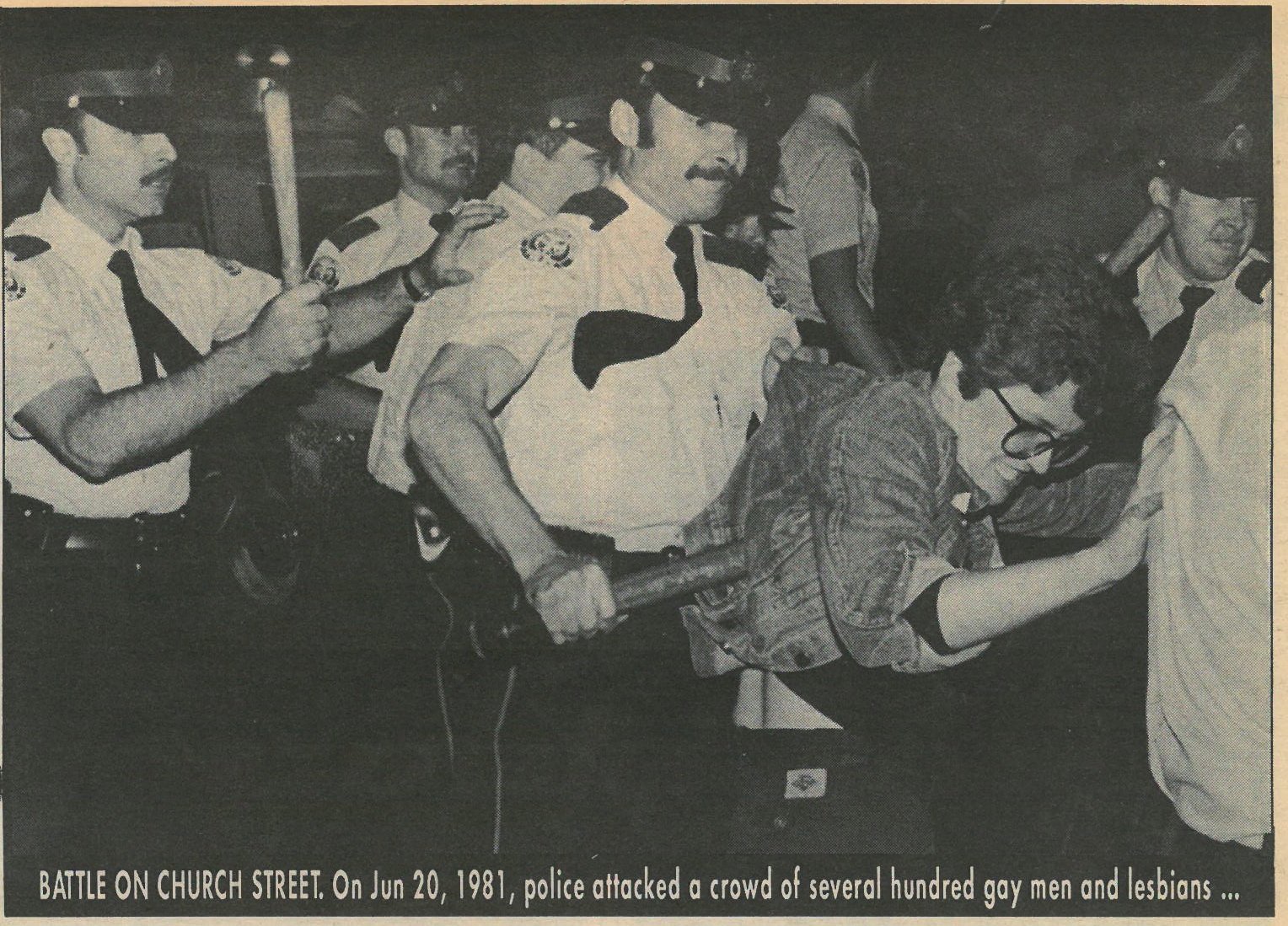 People protest in the streets of Toronto after the bathhouse raids on June 20, 1981.